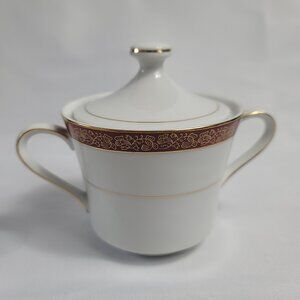 Crown Empire China Empress Sugar Bowl with Lid White Maroon Band Gold Flowers